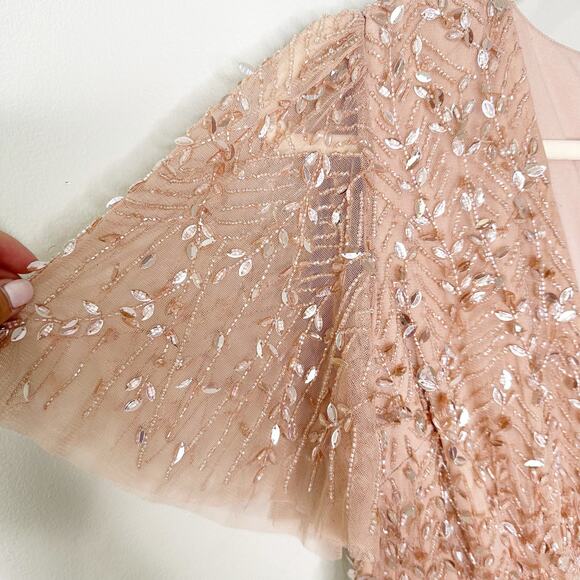 Mac Duggal 35109 Surplice Bodice Embellished Gown Flutter Sleeve Nude Size 8 - Picture 7 of 11